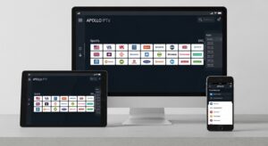 Multiple devices—a tablet, a smartphone, and a TV—all synchronized, displaying the Apollo IPTV EPG channel guide.
